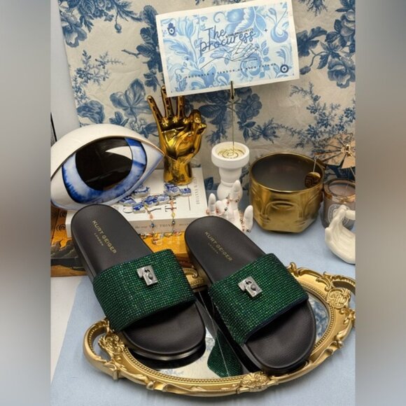 🆕 KURT GEIGER LONDON 🧿 NWOB Brixton Poolslide, Blue Green Crystals - Sz 40 US9 - Picture 3 of 15